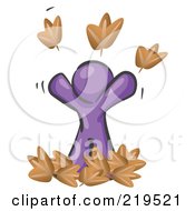 Poster, Art Print Of Carefree Purple Man Tossing Up Autumn Leaves In The Air Symbolizing Happiness And Freedom