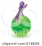 Royalty Free RF Clipart Illustration Of A Purple Man Using A Wet Mop With Green Cleaning Products To Clean Up The Environment Of Planet Earth