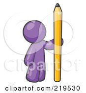 Purple Man Holding Up And Standing Beside A Giant Yellow Number Two Pencil by Leo Blanchette