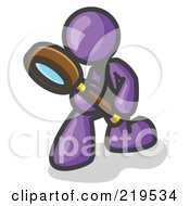 Purple Man Bending Over To Inspect Something Through A Magnifying Glass