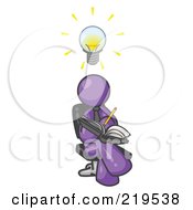 Smart Purple Man Seated With His Legs Crossed Brainstorming And Writing Ideas Down In A Notebook Lightbulb Over His Head by Leo Blanchette