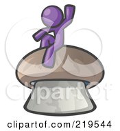 Purple Man Design Mascot Waving And Sitting On A Mushroom
