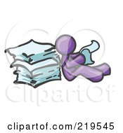 Purple Man Leaning Against A Stack Of Papers