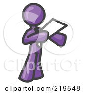 Clipart Illustration Of A Purple Businessman Holding A Piece Of Paper During A Speech Or Presentation