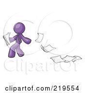 Purple Man Dropping White Sheets Of Paper On A Ground And Leaving A Paper Trail Symbolizing Waste