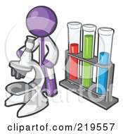 Poster, Art Print Of Purple Man Scientist Using A Microscope By Vials