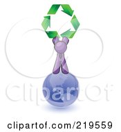 Poster, Art Print Of Purple Man Standing On Top Of The Blue Planet Earth And Holding Up Three Green Arrows Forming A Triangle And Moving In A Clockwise Motion Symbolizing Renewable Energy And Recycling