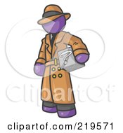 Secretive Purple Man In A Trench Coat And Hat Carrying A Box With A Question Mark On It