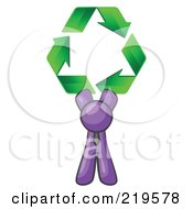 Poster, Art Print Of Purple Man Holding Up Three Green Arrows Forming A Triangle And Moving In A Clockwise Motion Symbolizing Renewable Energy And Recycling