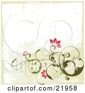 Clipart Picture Illustration Of A Curly Green Vine With Pink Blooming Flowers On A Green And White Grunge Background