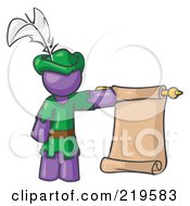 Purple Man Dressed As Robin Hood With A Feather In His Hat Holding A Blank Scroll And Acting As A Pageboy