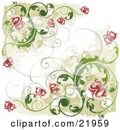 Clipart Picture Illustration Of Corners Of Green Vines With Pink Blooming Flowers Over White