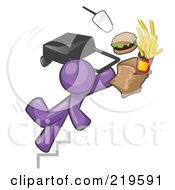 Poster, Art Print Of Purple Man Tripping On Stairs With Fast Food And A Rolling Briefcase Flying