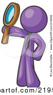 Poster, Art Print Of Purple Man Holding Up A Magnifying Glass And Peering Through It While Investigating Or Researching Something