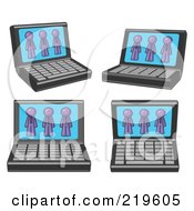 Poster, Art Print Of Four Laptop Computers With Three Purple Men On Each Screen