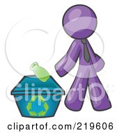 Poster, Art Print Of Purple Man Tossing A Plastic Container Into A Recycle Bin Symbolizing Someone Doing Their Part To Help The Environment And To Be Earth Friendly