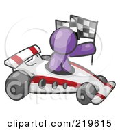 Purple Man Driving A Fast Race Car Past Flags While Racing