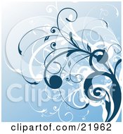 Clipart Picture Illustration Of White And Dark Blue Curling Vines On A Gradient Blue Background