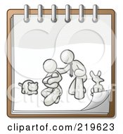 Poster, Art Print Of White Family Showing A Man Kneeling Beside His Wife And Newborn Baby With Their Dog And Cat On A Notebook Symbolizing Family Planning