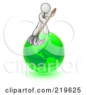 Poster, Art Print Of White Man Using A Wet Mop With Green Cleaning Products To Clean Up The Environment Of Planet Earth