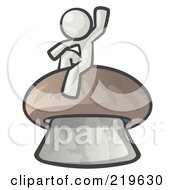 White Man Design Mascot Waving And Sitting On A Mushroom