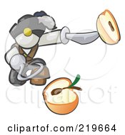 White Man Pirate With A Hook Hand Holding A Sliced Apple On A Sword