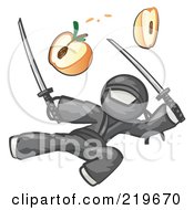 Royalty Free RF Clipart Illustration Of A White Man Ninja Jumping And Slicing An Apple With Swords by Leo Blanchette