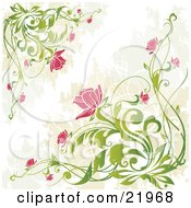 Clipart Picture Illustration Of Corners Of Leafy Green Plants Blossoming With Pink Flowers Over A Green Tan And White Background