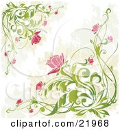 Poster, Art Print Of Corners Of Leafy Green Plants Blossoming With Pink Flowers Over A Green Tan And White Background