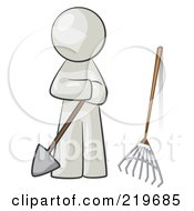 Poster, Art Print Of White Man Gardener With A Shovel And A Rake