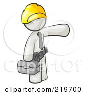 Poster, Art Print Of White Man A Construction Worker Handyman Or Electrician Wearing A Yellow Hardhat And Tool Belt And Carrying A Metal Toolbox While Pointing To The Right