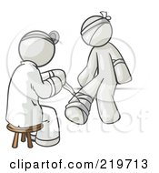 Poster, Art Print Of White Male Doctor In A Lab Coat Sitting On A Stool And Bandaging A Patient That Has Been Hurt On The Head Arm And Ankle