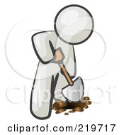 Royalty Free RF Clipart Illustration Of A White Man Using A Shovel To Dig A Hole For A Plant In A Garden