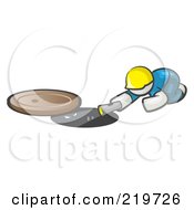 Poster, Art Print Of White Man Design Mascot Sewer Worker Shining A Flashlight Down A Man Hole