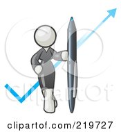 Poster, Art Print Of White Lady In A Gray Dress Standing With A Giant Pen In Front Of A Blue Check Mark