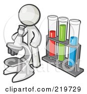 Royalty Free RF Clipart Illustration Of A White Man Scientist Using A Microscope By Vials by Leo Blanchette