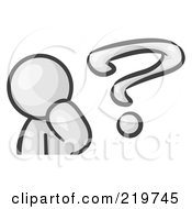 Poster, Art Print Of White Man Rubbing His Chin And Posed By A Question Mark Symbolizing Curiosity Confusion And Uncertainty