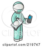 Poster, Art Print Of White Surgeon Man Holding A Clipboard And Cellular Telephone