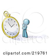 Denim Blue Design Mascot Man Worried And Watching A Clock