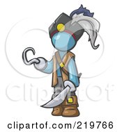 Poster, Art Print Of Denim Blue Man Pirate With A Hook Hand And A Sword