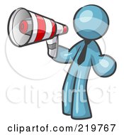 Royalty Free RF Clipart Illustration Of A Denim Blue Design Mascot Man Announcing With A Megaphone