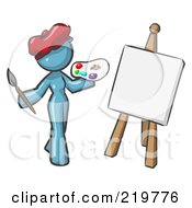 Denim Blue Design Mascot Woman Artist Painting A Portrait