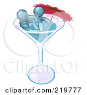 Denim Blue Design Mascot Couple Soaking In A Cocktail Glass With An Umbrella