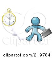 Poster, Art Print Of Denim Blue Design Mascot Man Running Late For Work Over A Crack With A Clock