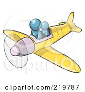 Denim Blue Design Mascot Man Flying A Plane With A Passenger