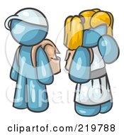 Poster, Art Print Of Denim Blue School Boy And Girl With Backpacks