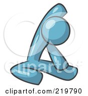 Royalty Free RF Clipart Illustration Of A Denim Blue Man Sitting On A Gym Floor And Stretching His Arm Up And Behind His Head