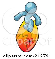 Royalty Free RF Clipart Illustration Of A Denim Blue Design Mascot Man Surfing On A Board by Leo Blanchette