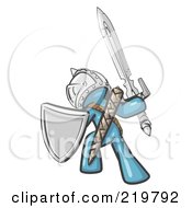 Denim Blue Design Mascot Man Ultimate Warrior With A Sword And Shield