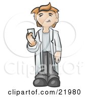 Poster, Art Print Of Blond Caucasian Doctor Scientist Or Veterinarian Man Weaing A Lab Coat Standing And Holding A Business Card